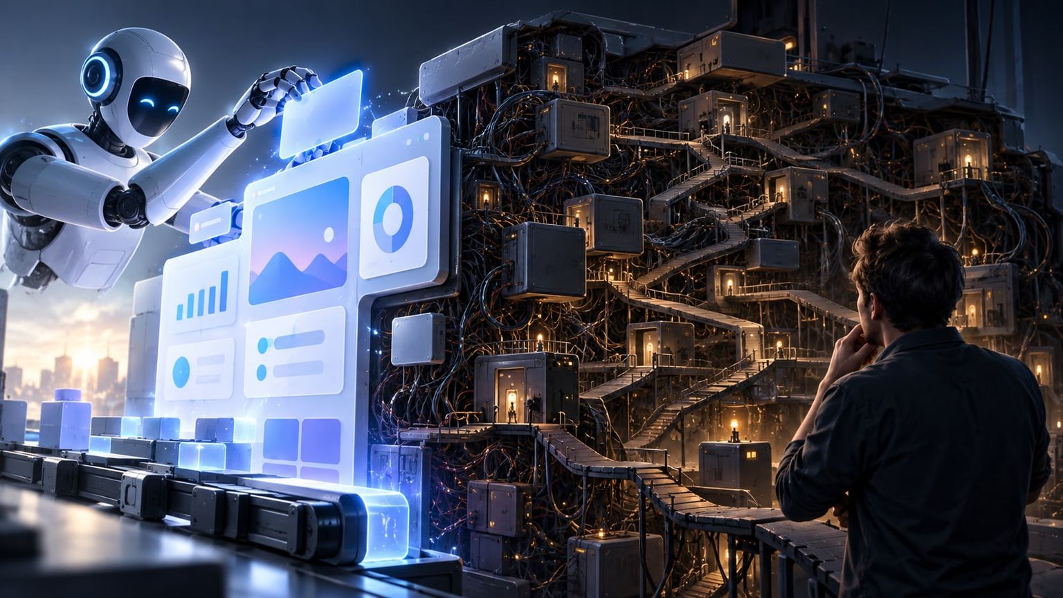 A robot assembles a clean, glowing interface in front of a huge, tangled structure of boxes, cables and stairways, which a developer watches thoughtfully.